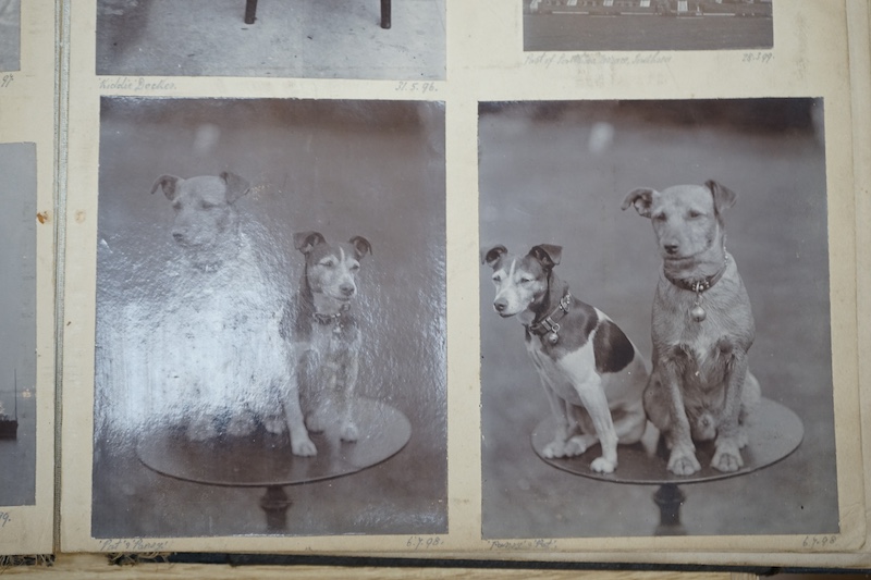 A late Victorian photograph album; 1890's onwards, assorted portraits, topography including Sussex, Hove Bowling Club, opening meeting 1905 and various railway related images. Condition - spine torn album damaged, photos